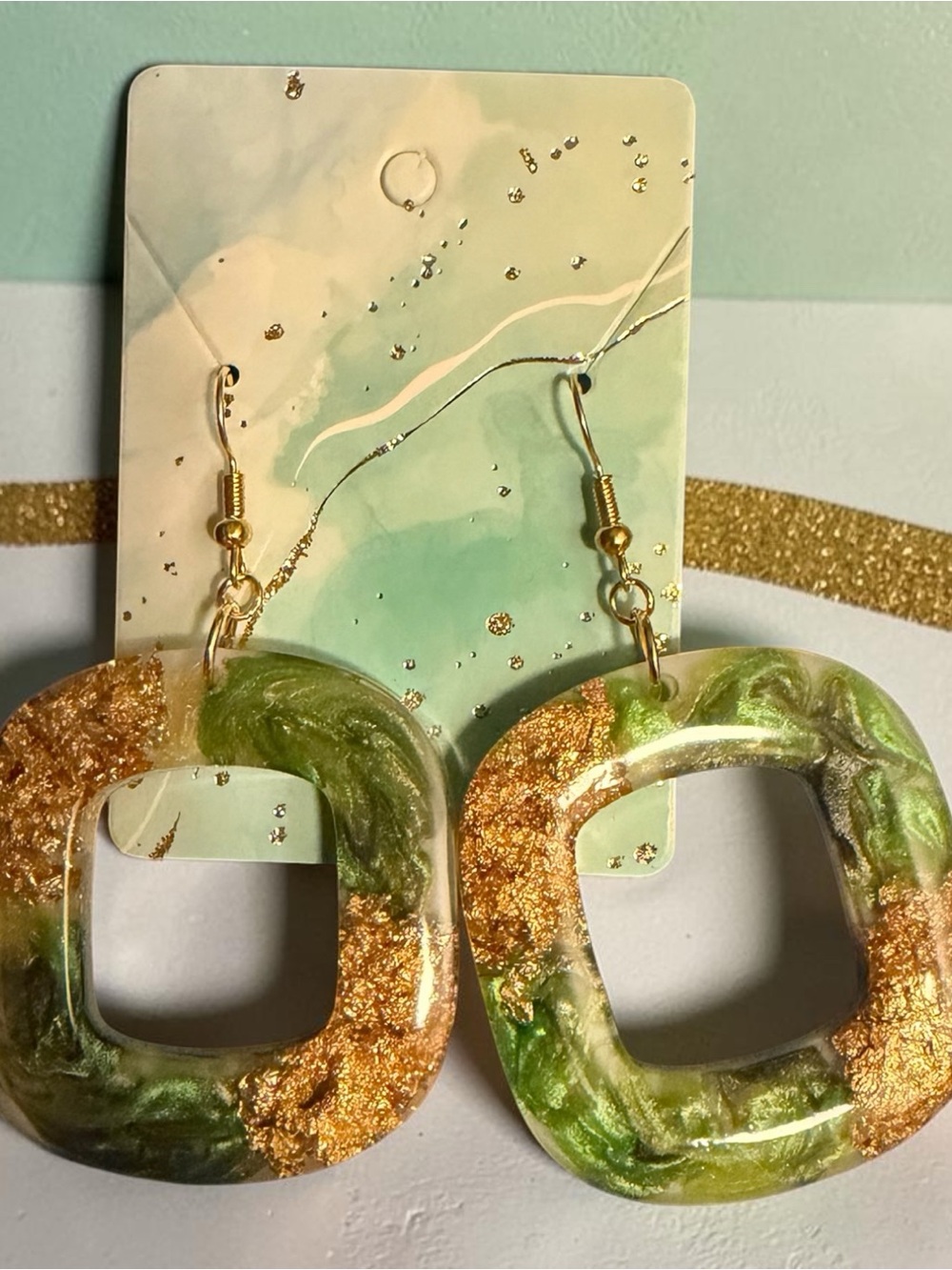 Gold & Green Square Resin Drop Earrings for Women